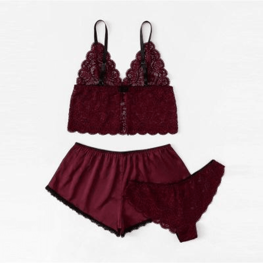 Satin lingerie lace shorts set